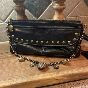 Kathy Van Zeeland Black Leather Studded Chain Bag